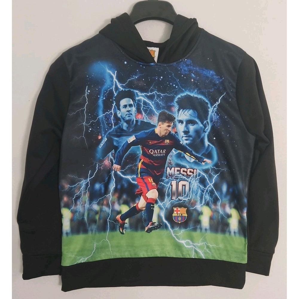 FCB Messi Sweatshirt Hoodie Youth Size XL Black Soccer Qatar Airways Graphic - Picture 1 of 5